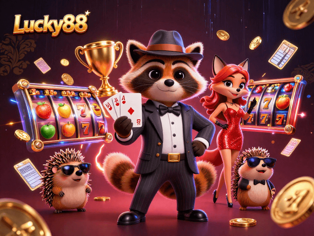 Experience gaming excitement with Lucky88 as charming characters celebrate around slot reels.