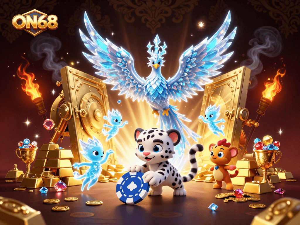 Experience the thrill of online gambling with ON68's dazzling ice phoenix and treasures in a colorful gaming scene.