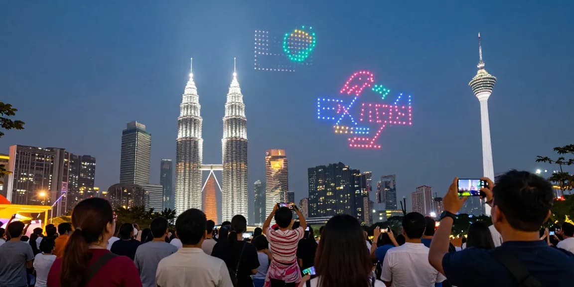 Drone light show by a leading drone company Malaysia illuminating Kuala Lumpur's skyline with vibrant designs.