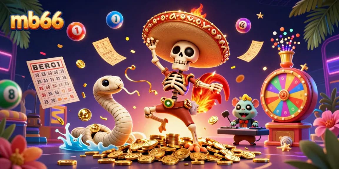 Engage in thrilling casino fun with lively mb66 characters on golden coins amidst vibrant gambling elements.