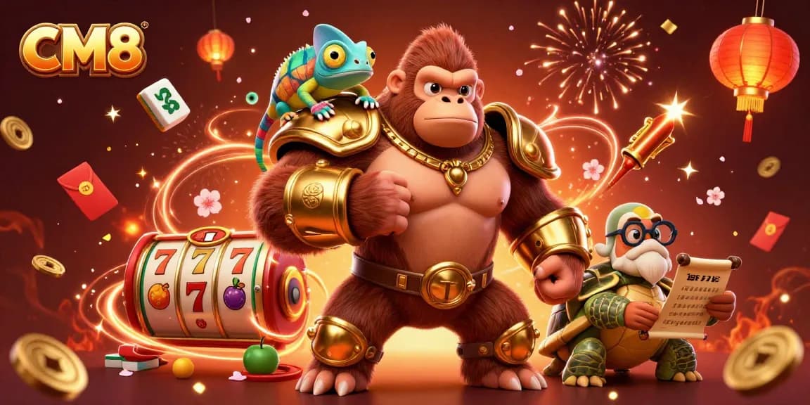 CM8 brings excitement with a king gorilla and chameleon in a vibrant casino scene.
