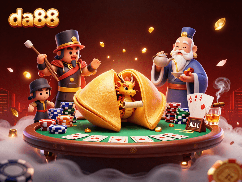 Experience da88's vibrant casino scene with a golden fortune cookie and epic poker elements.