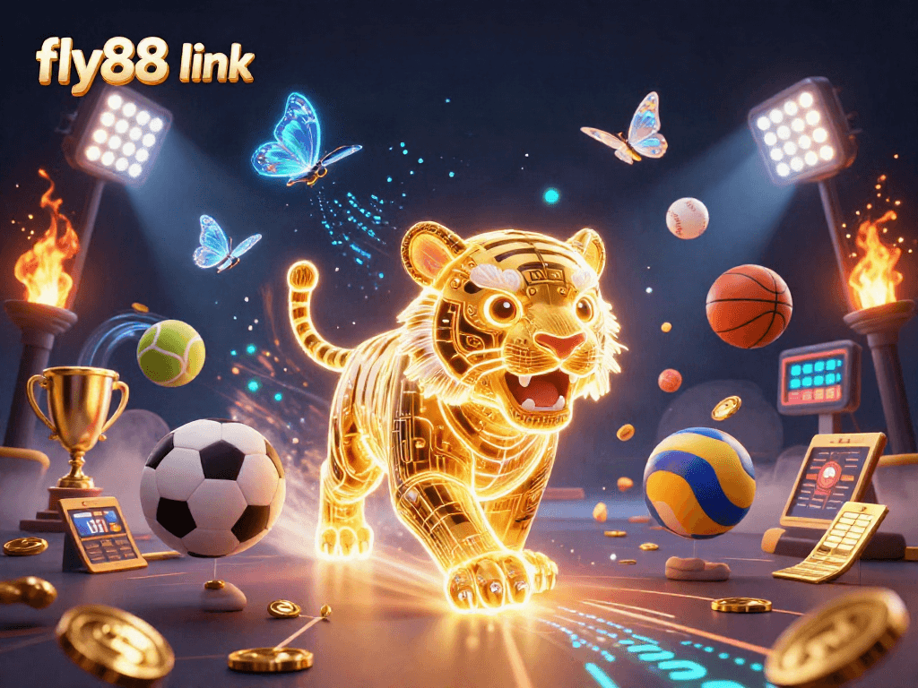 Engage with the vibrant fly88 link, showcasing a golden tiger in a digital casino surrounded by dynamic sports elements.