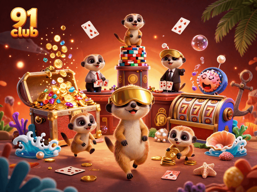 Win big with 91 club's engaging gaming experience featuring colorful meerkats running a casino operation.