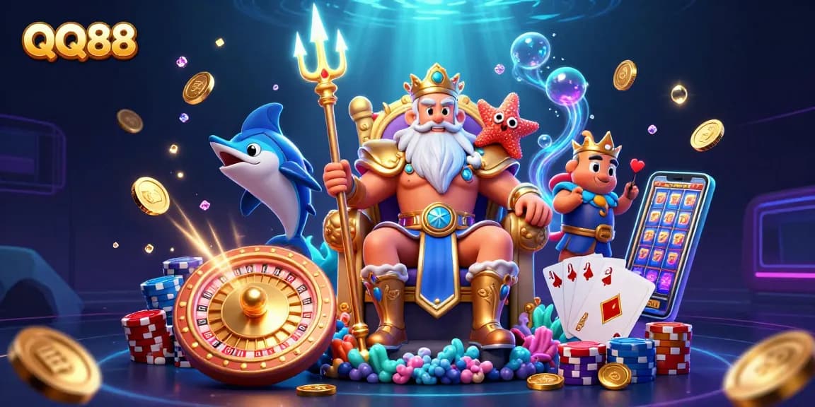 Experience thrilling gameplay at QQ88 with a vibrant illustration of casino elements and characters.