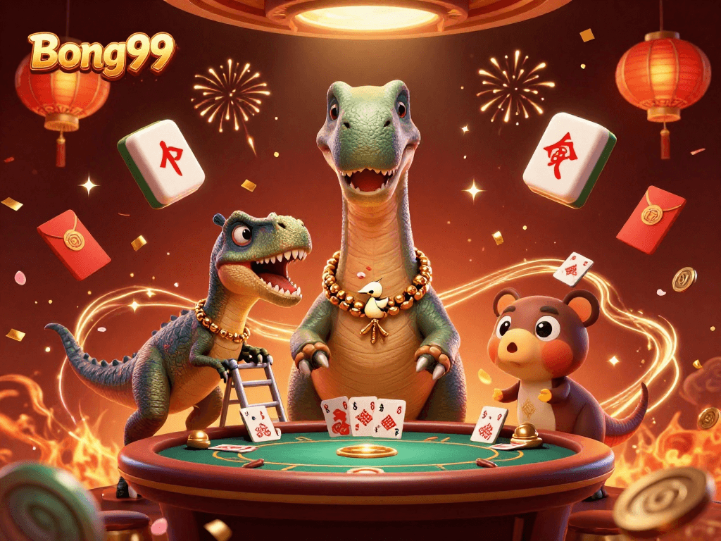 Bong99 presents a whimsical 3D casino scene with a brontosaurus and a raptor dealer in action.