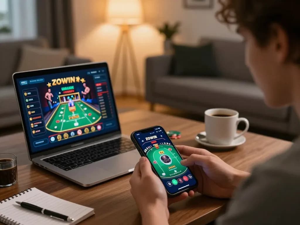 ZOWIN user enjoying a live dealer poker game on their smartphone in a cozy home setting, promoting responsible gaming.