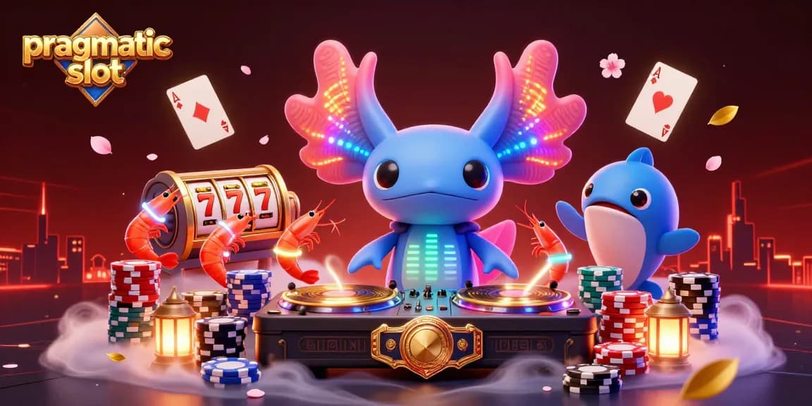 Gambar slot pragmatik yang menampilkan aksolotl DJ neon dan udang menari, dikelilingi elemen kasino berwarna-warni.