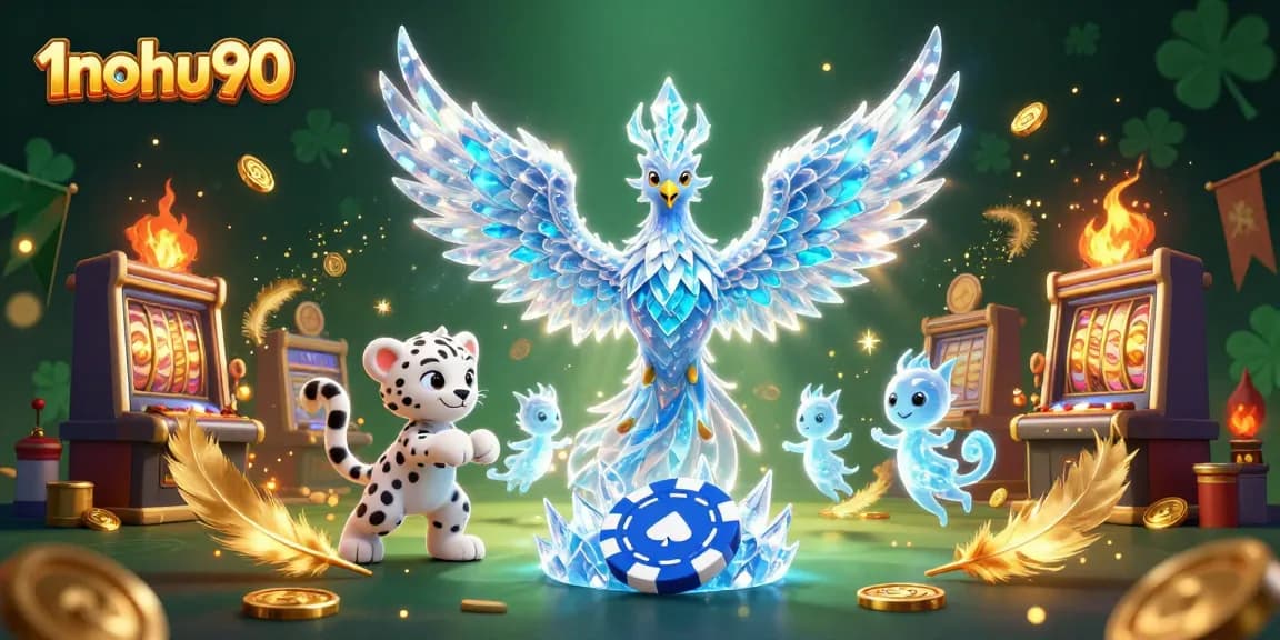 Engage with 1nohu90's dynamic slots experience featuring an ice phoenix and playful scenes.