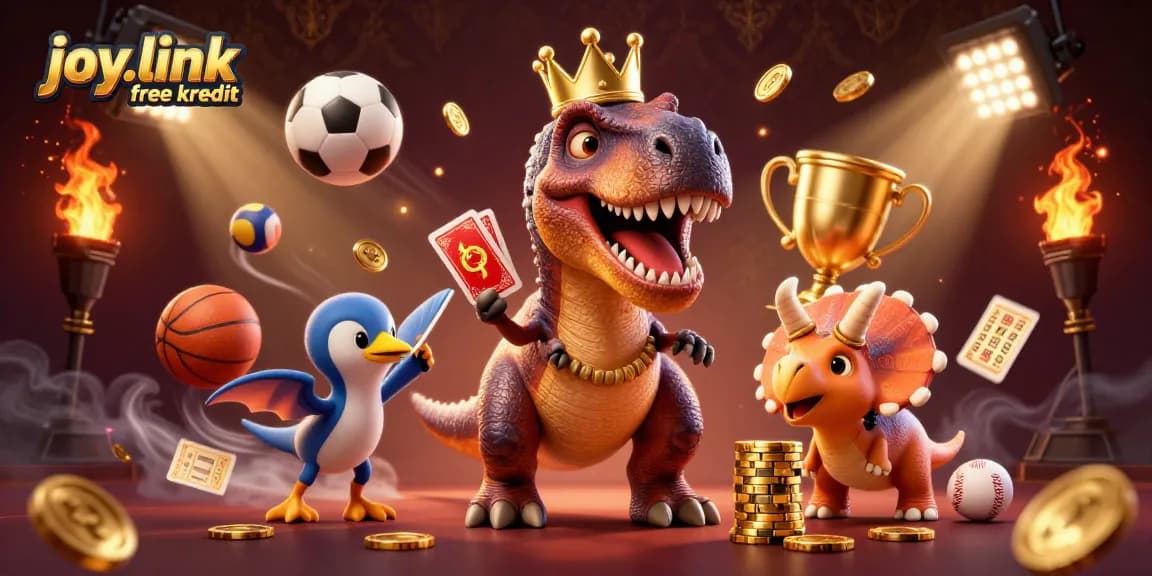 An engaging scene of joy.link free kredit as a T-Rex shuffles cards with playful characters amidst vibrant sports betting elements.