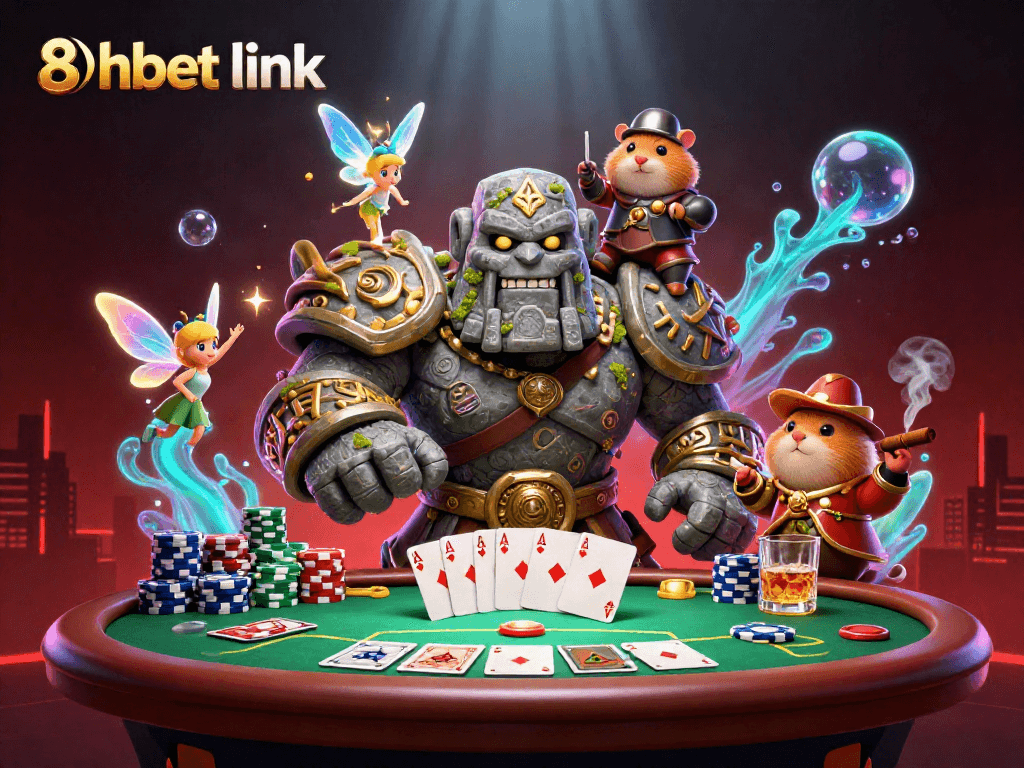 Engage with the 8xbet link experience through vibrant poker scene featuring fantasy characters and dynamic gameplay.