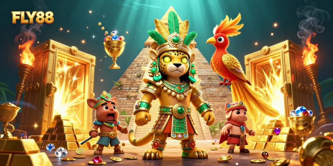 Experience the thrilling atmosphere of FLY88 with vibrant casino elements, gold treasures, and dynamic characters.