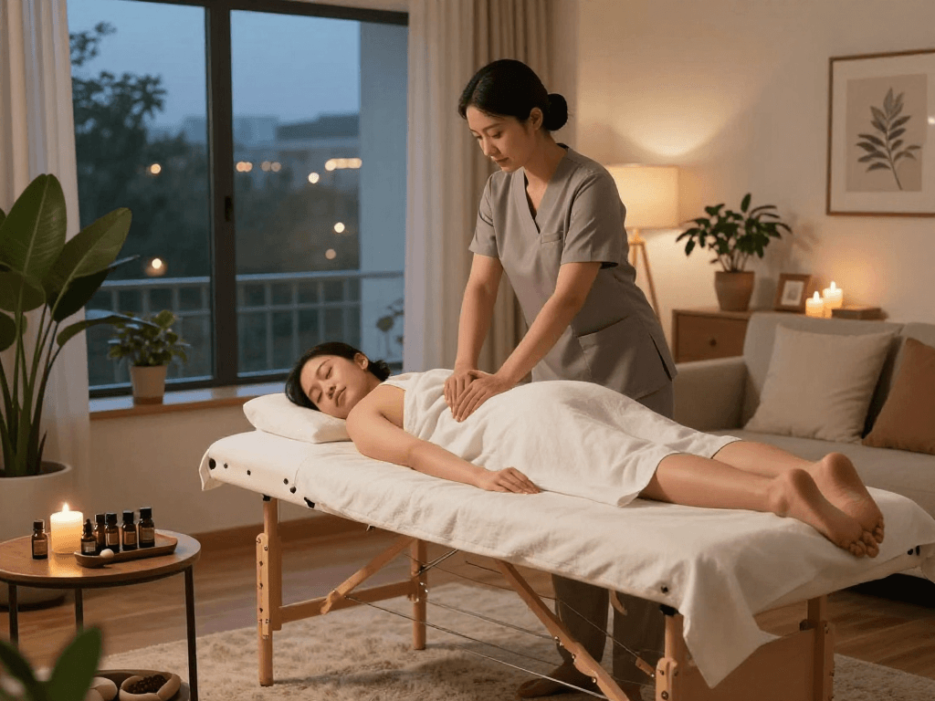 Relaxing 출장마사지 in a cozy home setting with a professional masseuse.