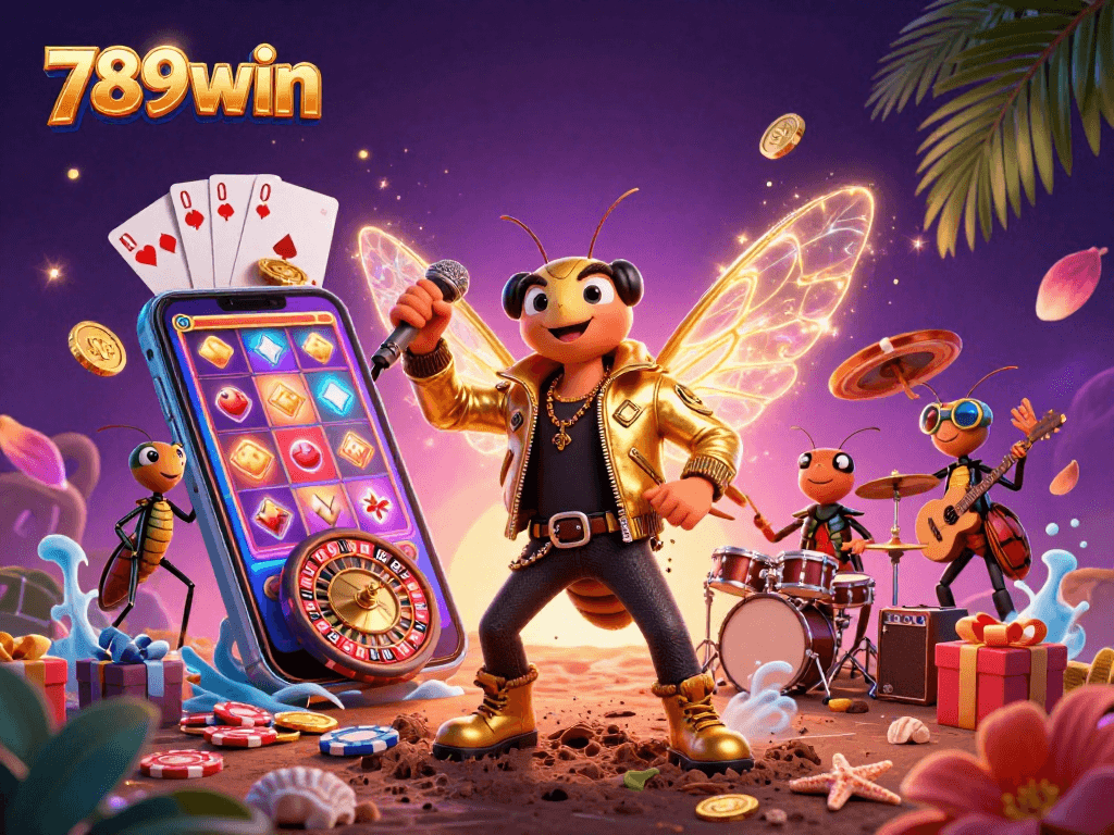 Spin to win big with 789win in an adventurous 3D casino scene featuring a rock star and vibrant slot games.
