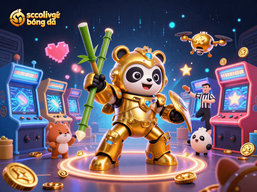 socolive trực tiếp bóng đá showcases an animated panda pilot in a vibrant gaming arena with dynamic casino elements.