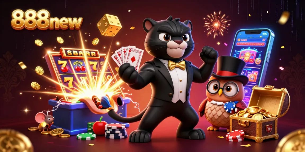 Experience thrilling wins with 888new's vibrant cartoon casino illustration featuring dynamic characters and games.