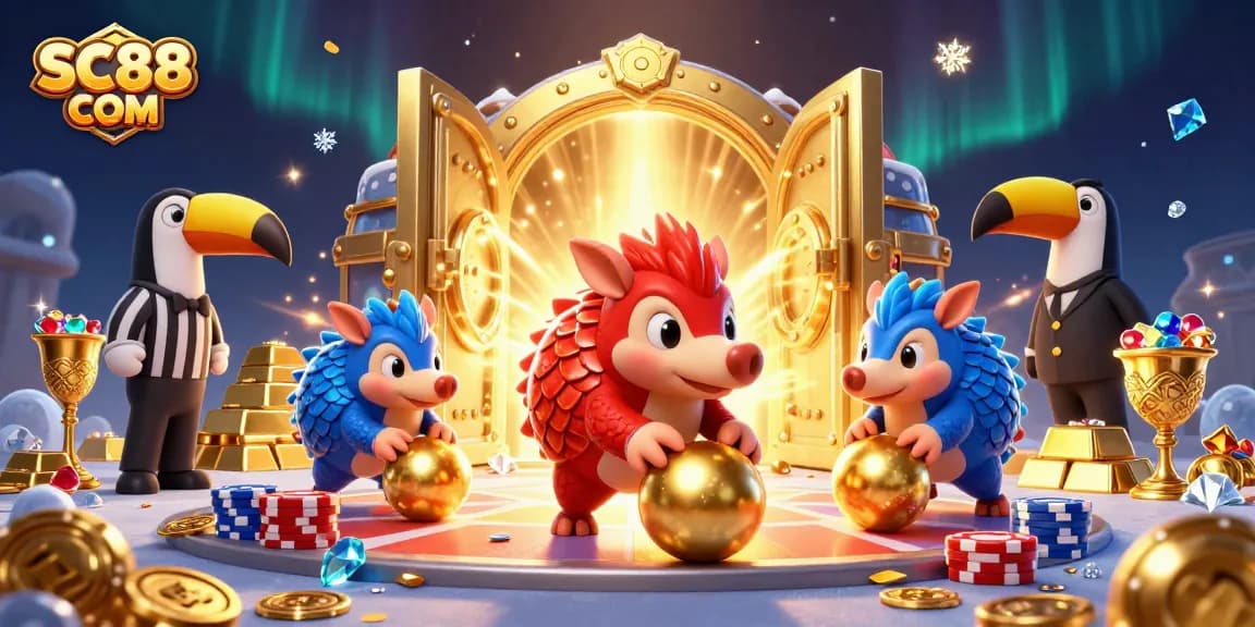 Engage with SC88 COM through a vibrant casino battle between rival pangolins, celebrating gaming success.