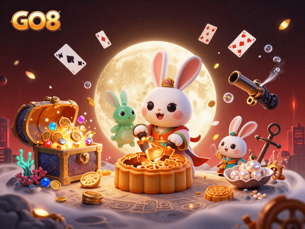Experience immersive gaming at GO8 with a whimsical moon rabbit and casino-themed treasures.