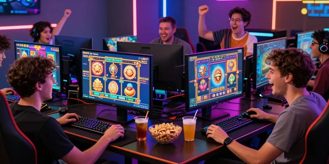 Friends enjoying slot gacor gaming session with vibrant screens and snacks.