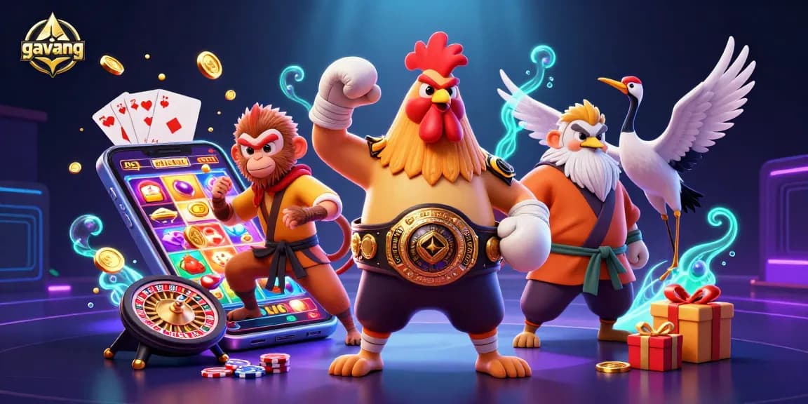 Experience thrilling gaming action with gavang's vibrant illustration featuring casino elements and martial artists.