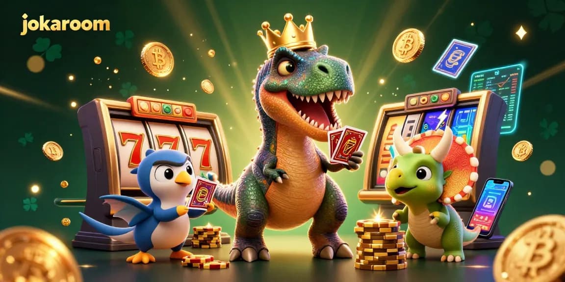 Experience fun gaming at jokaroom with a cartoon T-Rex and friends stacking chips and shuffling cards.