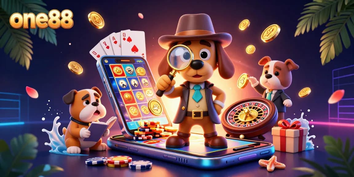 one88 casino detective examining a golden poker chip clue with festive slot game elements