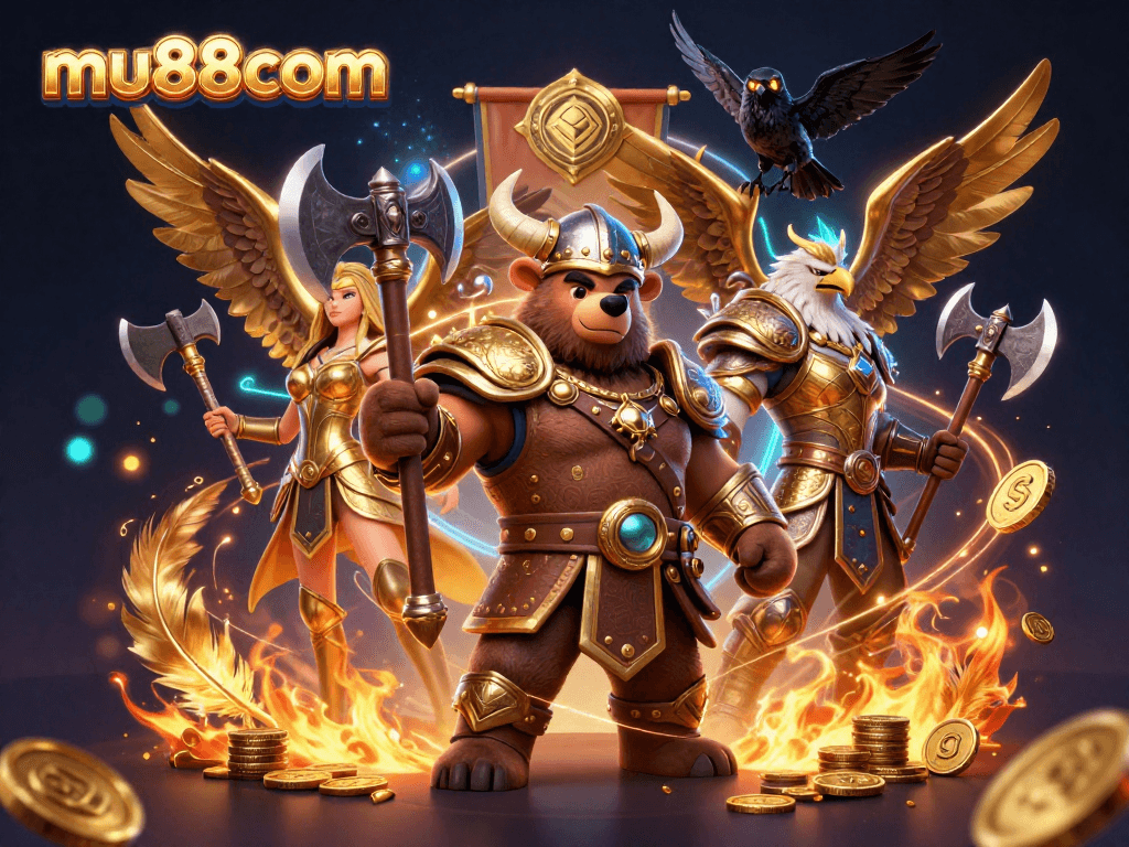 Experience thrilling adventures at mu88com with Viking bear and Valkyrie eagle in a dynamic casino scene.