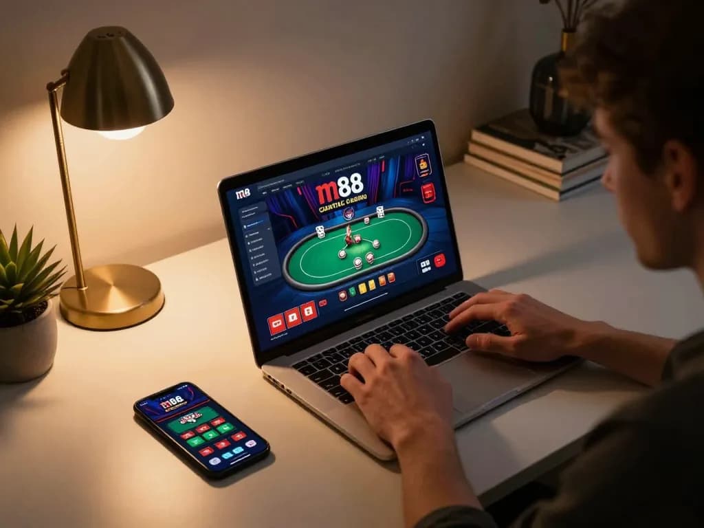 Engaging in online poker gameplay at m88 capital with ambient lighting and casino atmosphere.