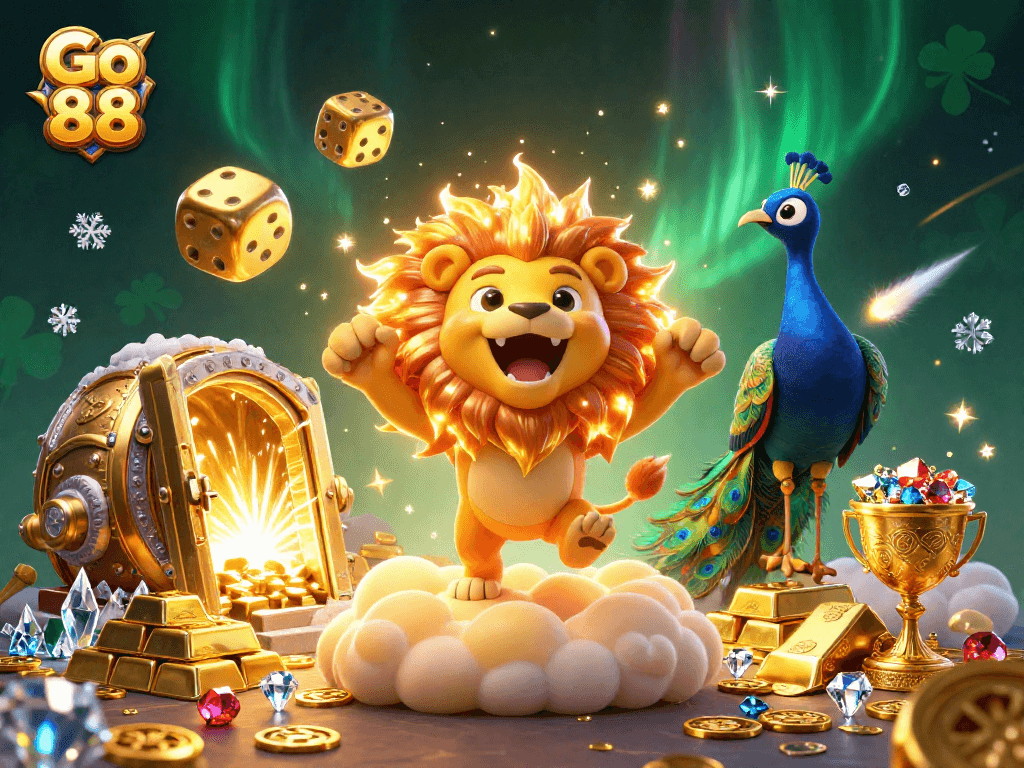 Experience the thrilling action at Go 88 with vibrant 3D casino-style characters and golden treasures.
