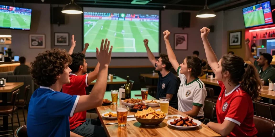 Football betting Malaysia scene in a lively sports bar with fans celebrating a match.