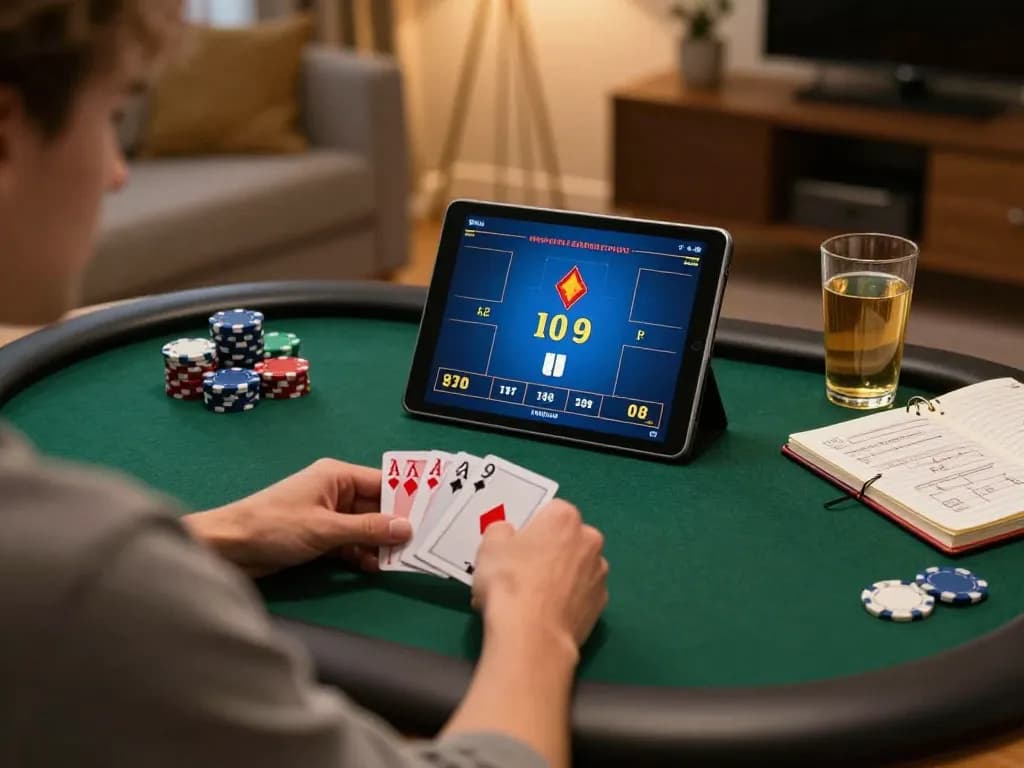 Player enjoying GG88 online poker game on tablet, surrounded by strategy notes and drinks.