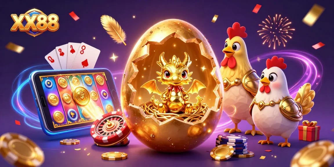 Engage in thrilling gameplay with XX88, featuring a baby dragon on poker chips amidst a vibrant casino scene.