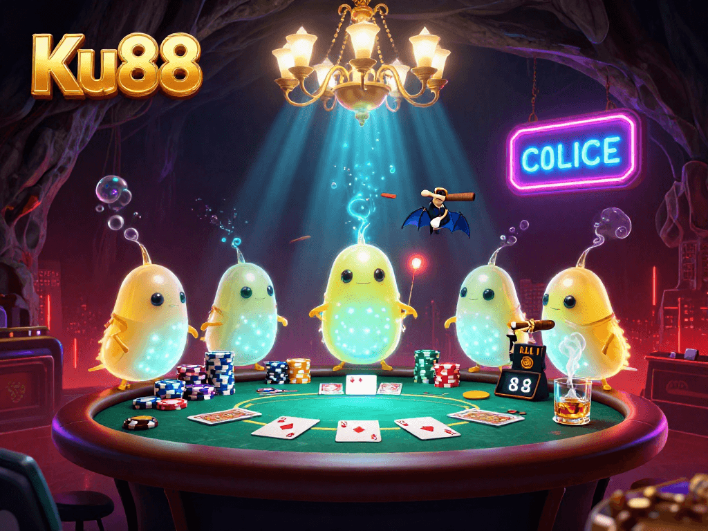 Engage with Ku88's vibrant casino scene, glowing glowworms, and intense poker action.