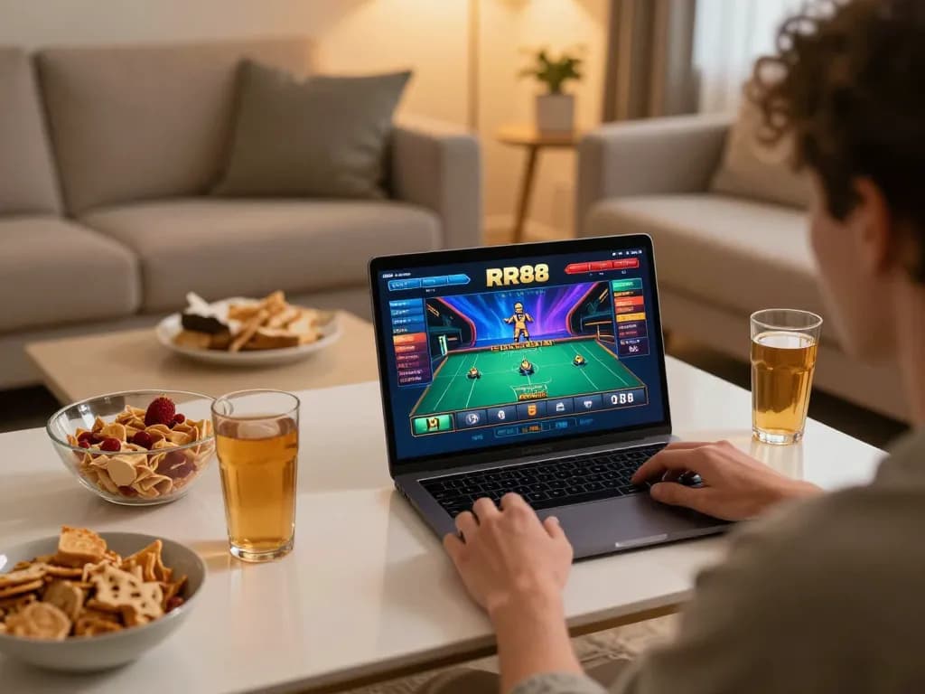 RR88 player enjoying live dealer games on laptop, showcasing responsible online gambling.