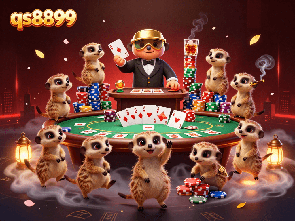 Engage in thrilling gameplay at qs8899 with meerkats running a vibrant casino scene filled with excitement.