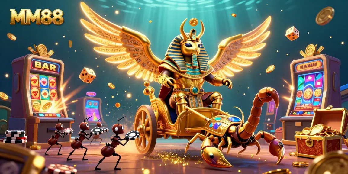 Engage with MM88's vibrant casino scene featuring a golden scarab, slot machines, and treasure.