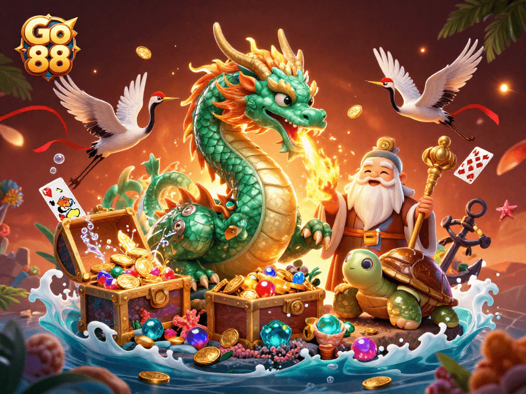 Engage with Go 88 through an epic illustration featuring mythical casino elements and characters.