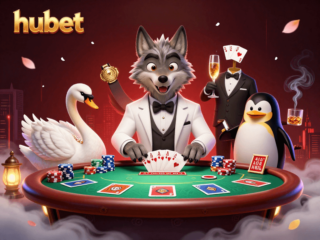 Experience elegance with hubet's 3D casino illustration featuring characters engaged at a baccarat table.
