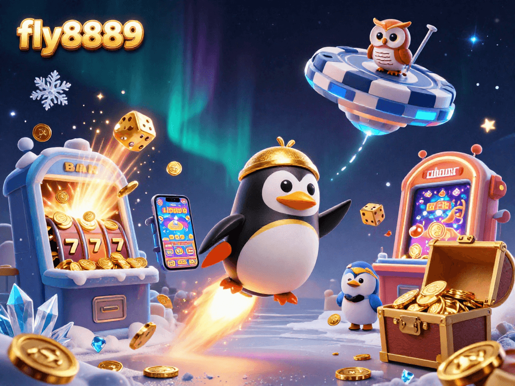 Experience the excitement of fly8889 with a dynamic scene of a golden penguin and vibrant casino elements.