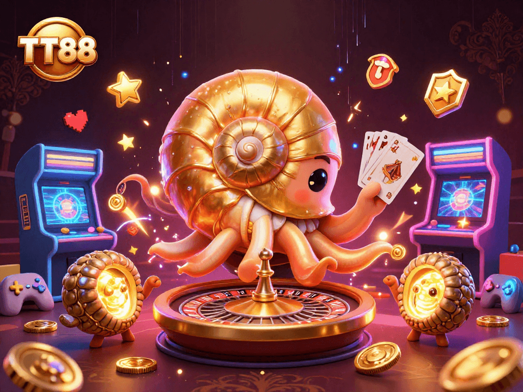 Experience the thrill at TT88 with a vibrant 3D casino illustration showcasing games and excitement.