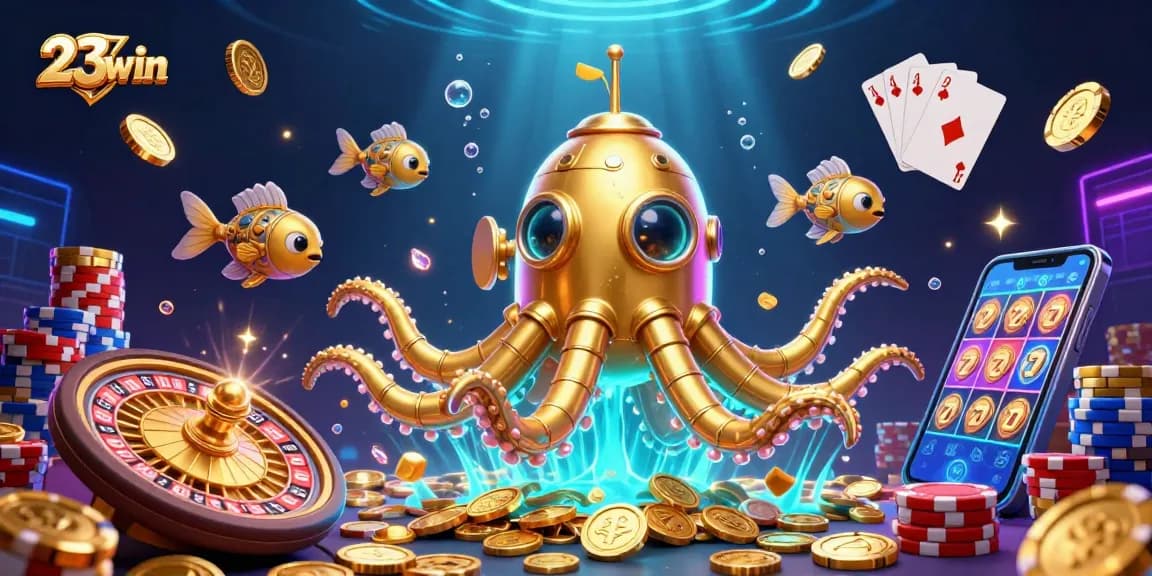 Experience the thrill of 23win with a vibrant 3D casino adventure featuring a golden kraken amid flying coins and gems.