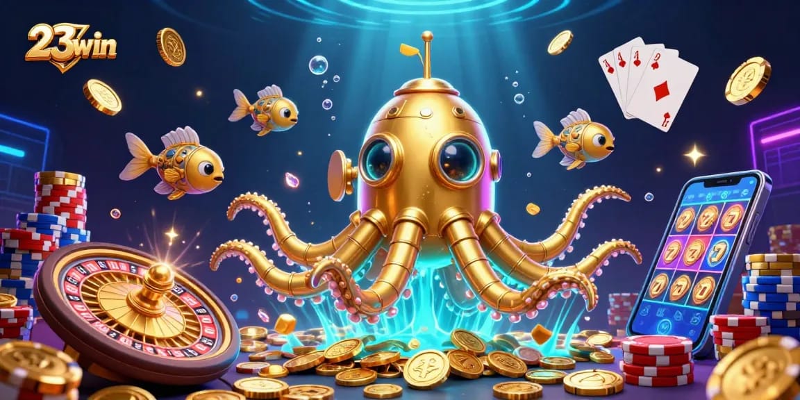 Experience the thrill of 23win with a vibrant 3D casino adventure featuring a golden kraken amid flying coins and gems.