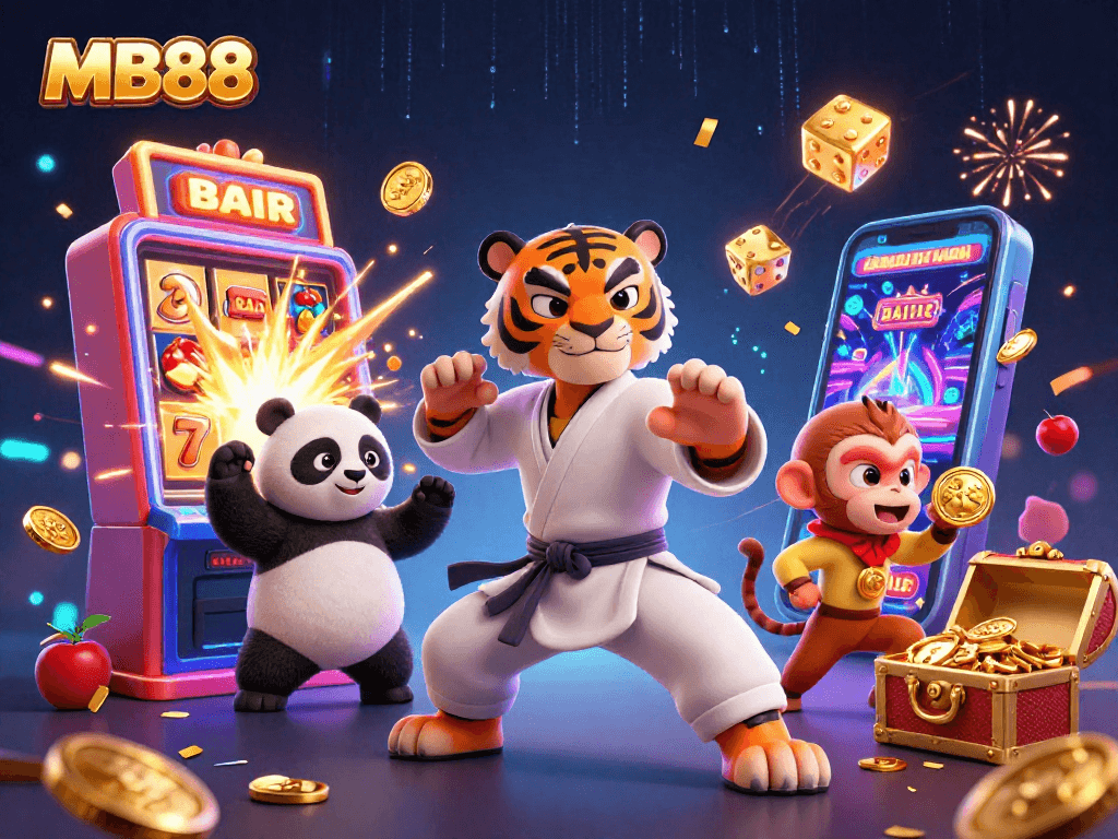 MB88 excites players with a vibrant casino atmosphere featuring colorful symbols and characters.