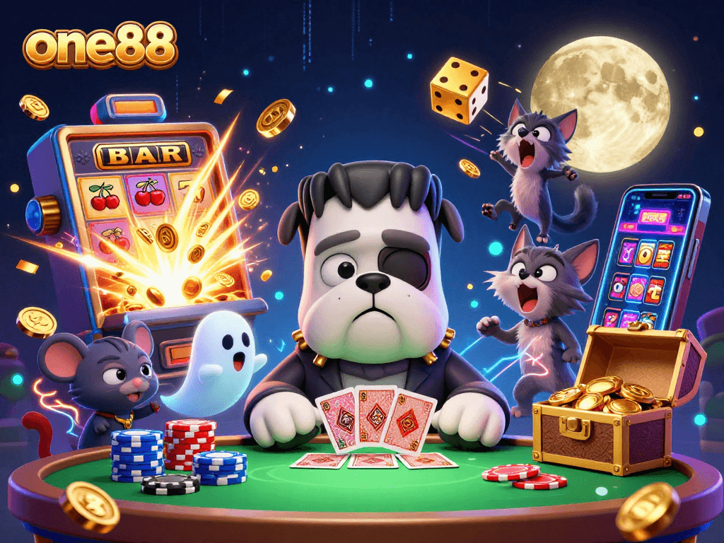 Experience thrilling gameplay at one88 with engaging characters like a Frankenstein bulldog and ghost mouse.