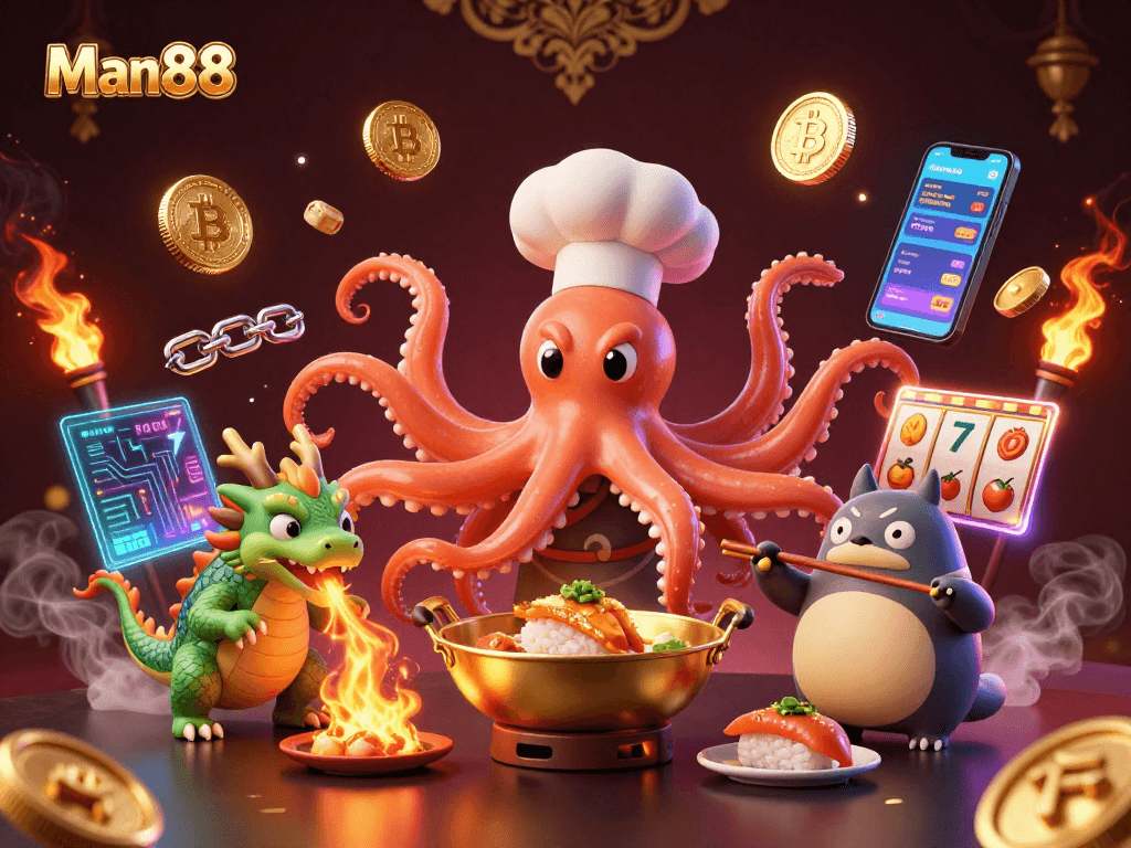 Experience the action at Man88 with a vibrant illustration featuring an octopus chef, dragon, and tanuki in a rich casino atmosphere.