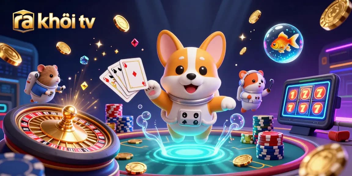 Engage with ra khơi tv in this vibrant casino scene featuring a fun astronaut corgi and friends.