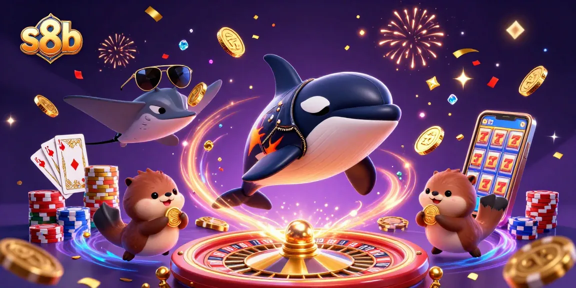 S8b themed casino illustration showcasing vibrant characters enjoying exciting gaming actions.