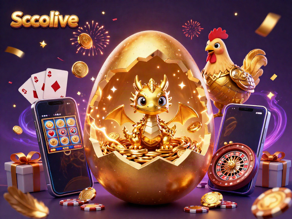 Socolive presents an enchanting scene with a golden dragon revealing poker chips amidst a festive atmosphere filled with gaming elements.