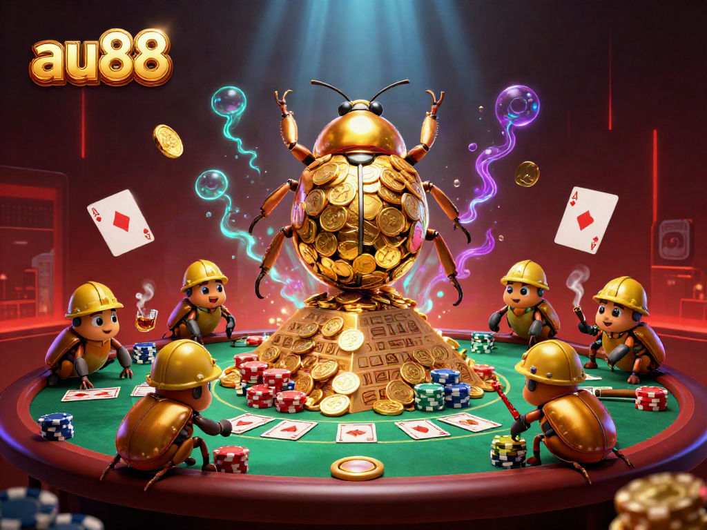 Join the fun at au88 with a 3D golden beetle pushing a coin ball up a pyramid surrounded by poker elements.
