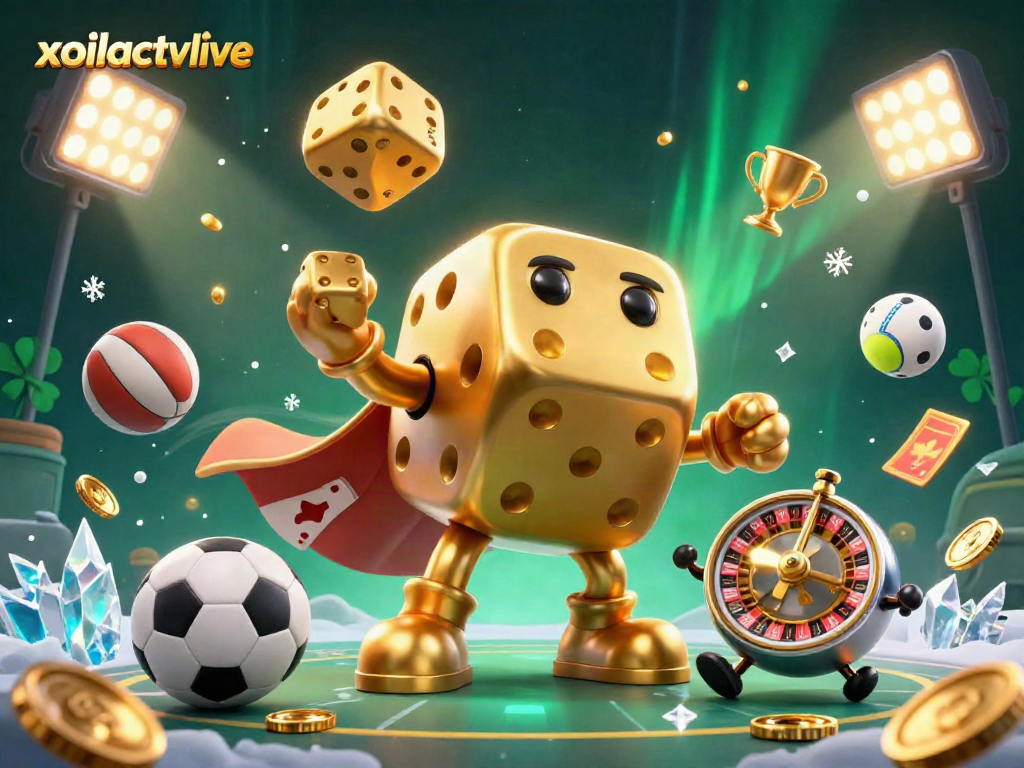 Experience thrilling sports action with a dynamic illustration featuring xoilactvlive's golden dice golem and flying sports elements.